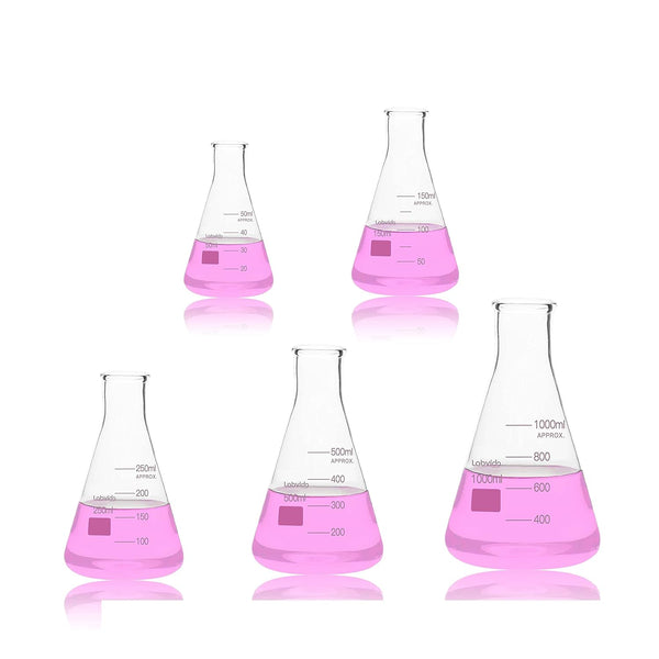 Narrow Mouth Glass Erlenmeyer Flasks Set, 50ml to 1000ml, 3.3 Borosilicate with Printed Graduation