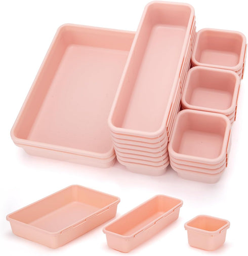 KeFanta 22 Pack Desk Drawer Organizers, Interlocking Storage with 3 Sizes for Office, Bathroom, Pink