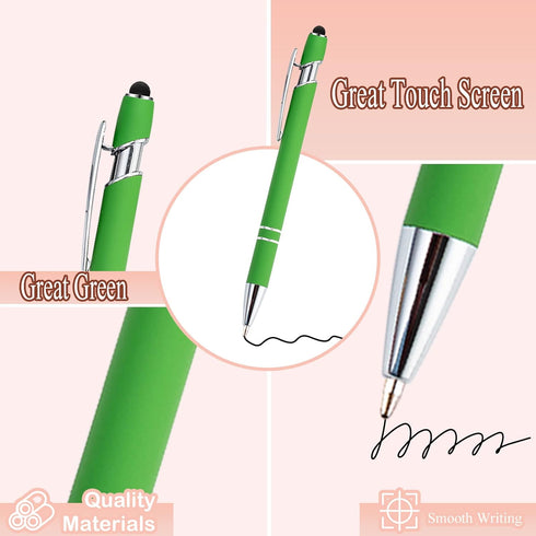 PASISIBICK 12 Pieces Green Ballpoint Pen with Stylus Tip, 2 in 1 Stylish Metal Pen for Touch Screens, Black Ink (12 PCS)