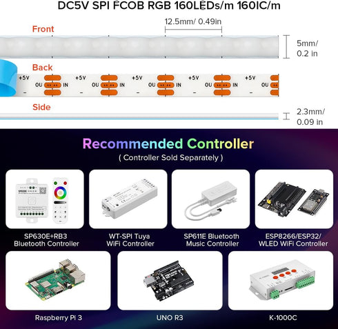 XGB1338(WS2812B) 160LED/m 160IC DC5V 3.2FT 0.19in BTF-LIGHTING FCOB COB IC RGB LED Strip Individual Addressable