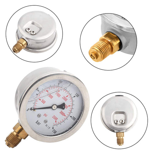 High Accuracy Hydraulic Pressure Gauge, 63mm Dial 0-250Bar/0-3750PSI, Double Scale, G1/4 Thread Connection