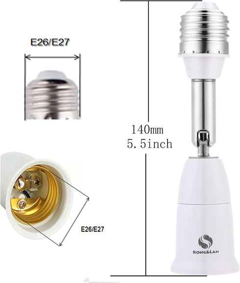 RONG&LAN E26/E27 Light Socket Extender - 180 Degree Bendable Adjustable Extension, 5.5inch 2-Pack