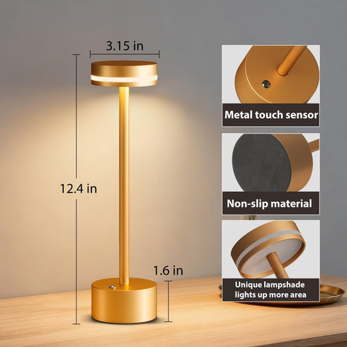 4000mAh 3000K Gold Modern Cordless Table Lamp Rechargeable, Aluminum Touch Lamp & Battery Operated, LED Table Lamps