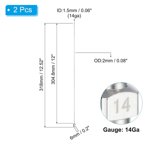 PATIKIL 14Ga x 12 Inch Stainless Steel Dispensing Needle Tips, 2Pcs Metal Glue Needle Tube Blunt Tips Luer Lock for Thick Glue Ink Lab, Silver