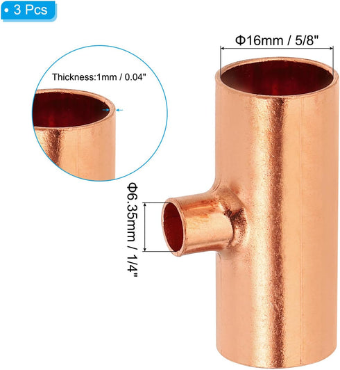 PATIKIL 5/8" x 1/4" x 5/8" ID Reducing Tee Copper Fitting, 3pcs 99.9% Pure Copper Pipe Connector Reducer
