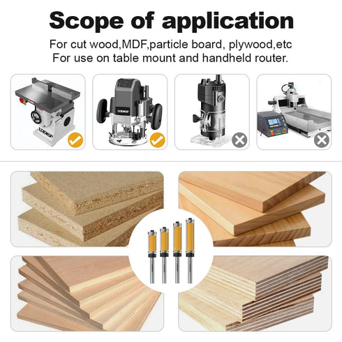 4 Set 1/4 Inch 1/2 Inch 3/4", 1", 1-1/4", 1-1/2" Inch PCS Top and Bottom Bearing Flush Trim Router Bits Shank, Cutting