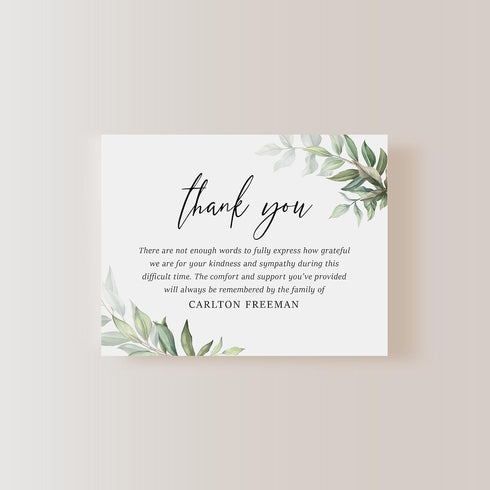 5.5x4.25 Personalized Greenery Funeral Thank You Cards with Envelopes, Flat Sympathy Memorial Cards