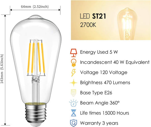 LVWIT ST21 LED Filament Bulb, 5W (40 Watt Equivalent), Dimmable 2700K Warm White, E26 Medium Base, 6-Pack