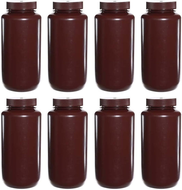 500ML 16OZ Amber Wide Mouth PP Plastic Reagent Bottles, Pack of 8 with Caps