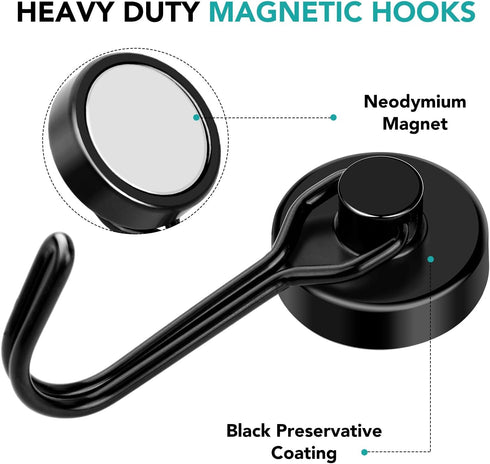 DIYMAG Black Magnetic Hooks, 40LBS Heavy Duty Hooks for Hanging in Home Kitchen Office, 4 Pack