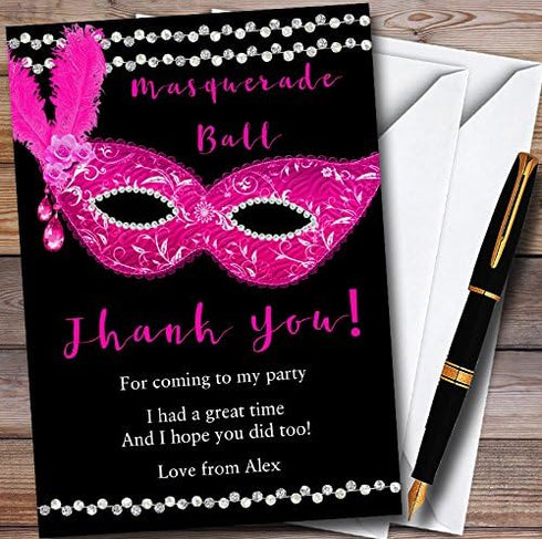 The Card Zoo Pink & Black Masquerade Ball Personalized Party Thank You Cards