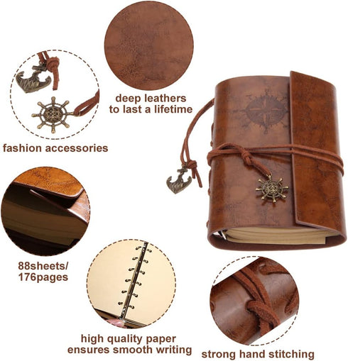 Vintage Leather Journal, Mtsooning, 88 Sheets/176 Pages, 5.12"x3.35", Brown Antique Handmade Deckle Edge Paper PU Bound
