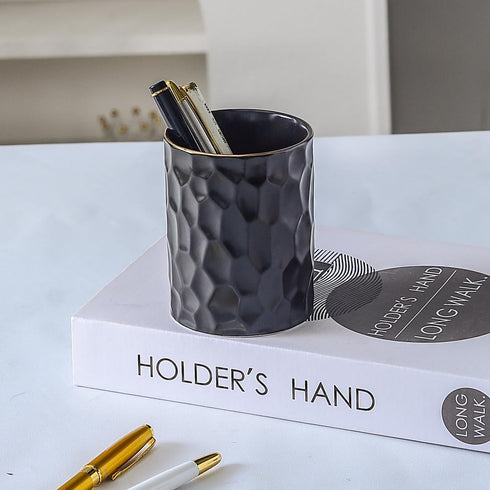 Ceramic Aesthetic Pen Holder for Desk, Cute Pencil Holder Cup Pot Organizer for Men Women, Makeup Brush Holder (Black)