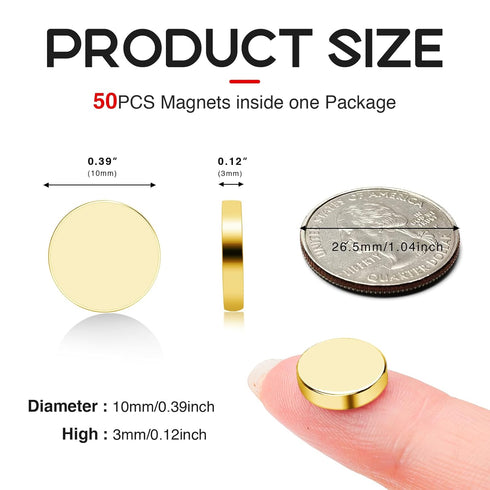Small Magnets 10x3mm, Golden Strong Magnets Rare Earth Magnets Tiny Neodymium Disc Magnets for Fridge, Mini Magnets for Crafts, DIY, Kitchen, Whiteboard, Office- 50PCS