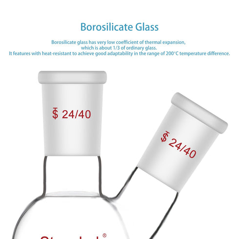 stonylab Heavy Wall Flat Bottom Flask FBF, 2-Neck Borosilicate Glass Boiling Flask, 50 ml, 24/40 Standard Joint
