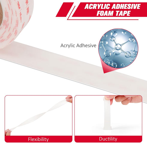 3M Double Sided Mounting Tape VHB 2''x15.4Ft, 0.025in Thick White Heavy Duty Waterproof Foam Tape