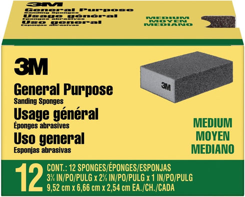 3M Sanding Sponge Block, 12-Pack, Medium Grits, 3-3/4 in x 2-5/8 in,