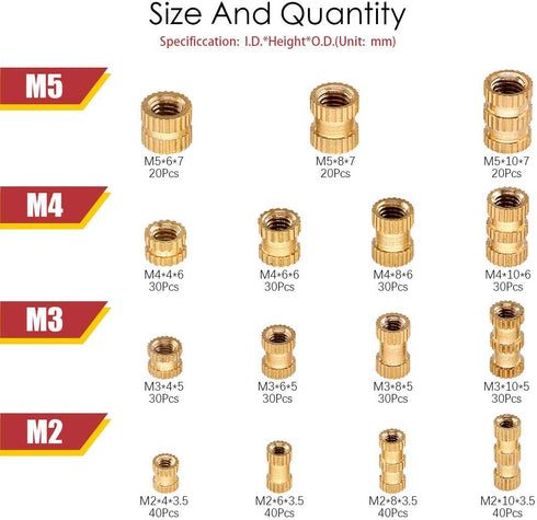 Hilitchi 460 Pcs M2 M3 M4 M5 Female Thread Brass Knurled Insert Nuts Assortment Kit for 3D Prints