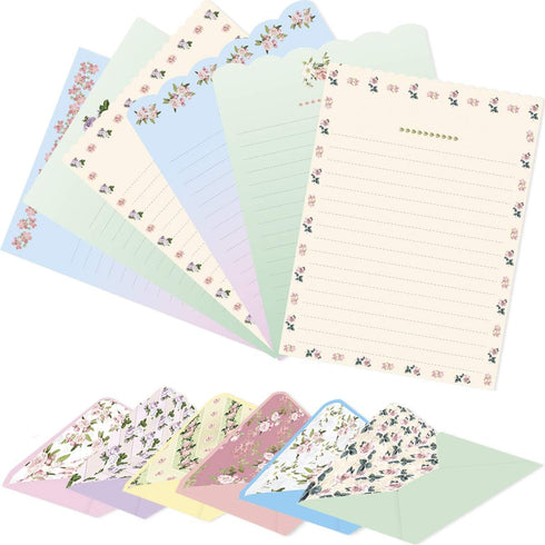 Ceiba Tree Cute Floral Stationery Paper, 48 PCS Lined Matching Envelopes, Double Sided for Invites