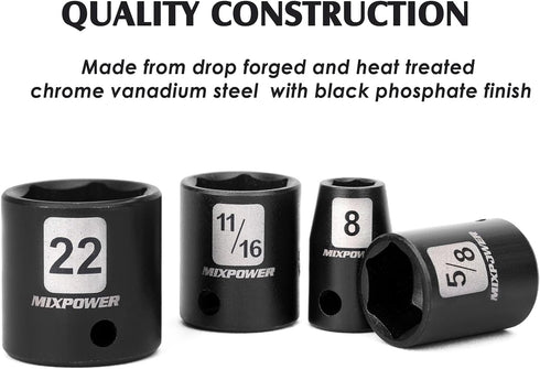 3/8" Set, 6 49 Sizes-5/16-Inch 3/4-Inch 8-22 mm, 3/8'' Set MIXPOWER Drive Deep Impact Socket Point, Piece Standard SAE