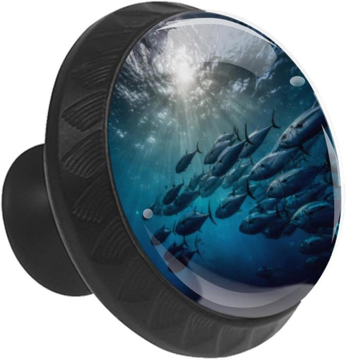 (2) Black Base Underwater Scene with School of Tuna Pattern Cabinet Knobs, Drawer Pulls for Dresser Cupboard Wardrobe