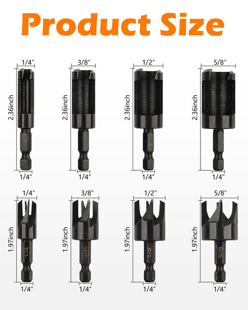 Plug Cutter, 8Pcs Wood Plug Cutters Drill Bit Set with 1/4 Hex Shank, Straight and Tapered Taper Cutting Tool 1/4", 5/16", 3/8", 1/2", Black