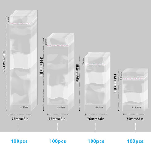 4 Size Clear Hanging Bags, Resealable Self-Sealing Bags for Jewelry Packaging, 400 Pieces