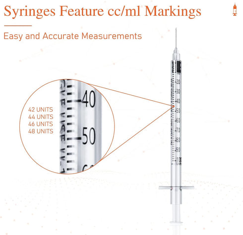 1ml U-100 Syringe with Needle, 31G 1cc 5/16-Inch (8mm), Individually Wrapped, Pack of 50