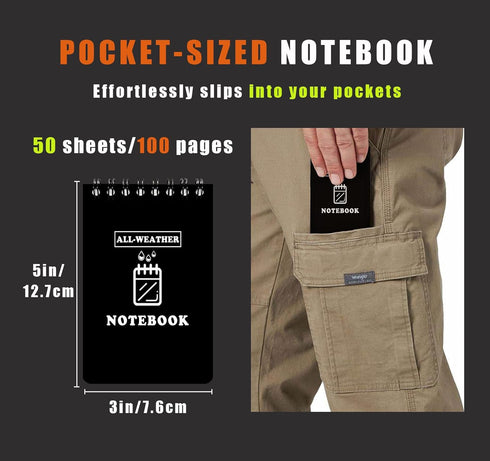 WAFJAMF Waterproof Notebook, 3" x 5" All Weather Pocket Notepad, 80 Waterproof Lined Pages, Black - 2 Pack