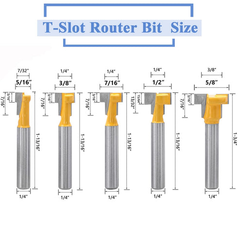 5 Set, 1/4" Set 5/16", 3/8", 1/2", 7/16", 5/8" Wolfride Pcs T-Slot Router Bit Shank Keyhole Router Bits T-Track