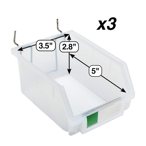 Pegboard Bins 3 Pack Clear Large - Hooks to Any Peg Board - Organize Hardware, Accessories, Attachments, Workbench, Garage Storage, Craft Room, Tool Shed, Hobby Supplies, Small Parts