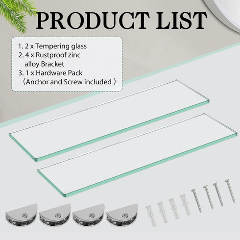 15 4.75 Inches, 2 Pack Bathroom Shelves, Glass Floating Shelves for Bathroom, Kitchen, Living Room, Bedroom,Tempered