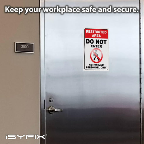 iSYFIX Restricted Area Signs Stickers, 2 Pack, 7x10 Inch, Premium Self-Adhesive Vinyl for Indoor & Outdoor