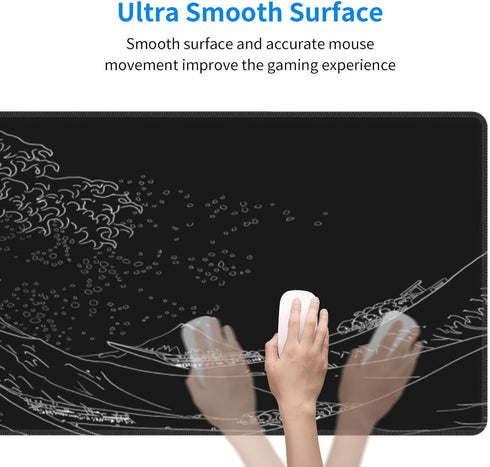 Japanese Sea Wave Extended Big Mouse Pad, XL Gaming Desk Pad 31.5x11.8inch, Non-Slip Base and Stitched Edge for Home
