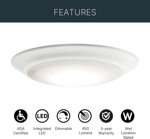 1 7.5 Dimmable 3000K, (7.5 1.5), 43846WHLED30 Kichler Gen LED Downlight in White, Ceiling Flush Mount Wet Rated
