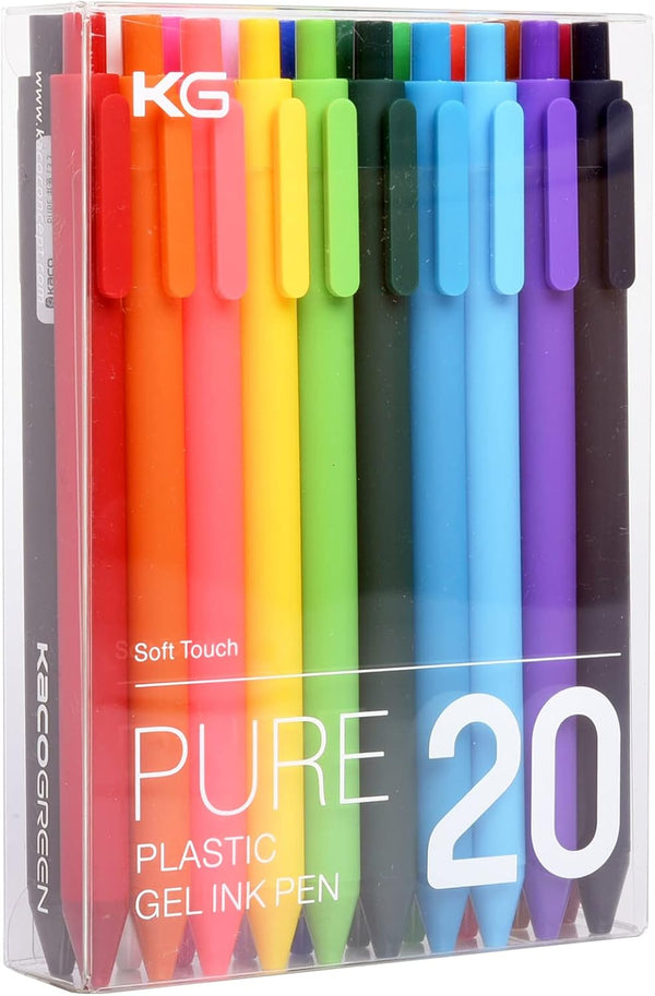 Kaco PURE 20 Pieces Set Colored Gel Pens, 0.5mm Fine Point, Quick Drying, Comfort Grip for Journaling & Note Taking