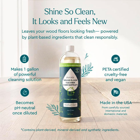 16 oz) Puracy Wood Floor Cleaner Concentrate - pH Neutral Plant-Powered Hardwood All Purpose Cleaner - Residue-Free