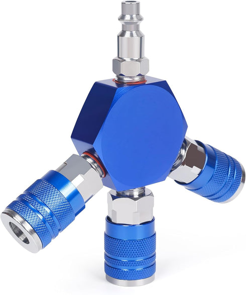 Connect Fittings Air Splitter, 1/4 Inch NPT 3-Way Manifold with 3 Brass Quick Couplers & Plug, Hex Style Hose