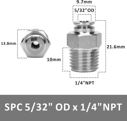 Push to Connect Fitting - 304 Stainless Steel Male Straight 5/32" Tube OD x 1/4" NPT Thread Pneumatic Push Lock Fitting