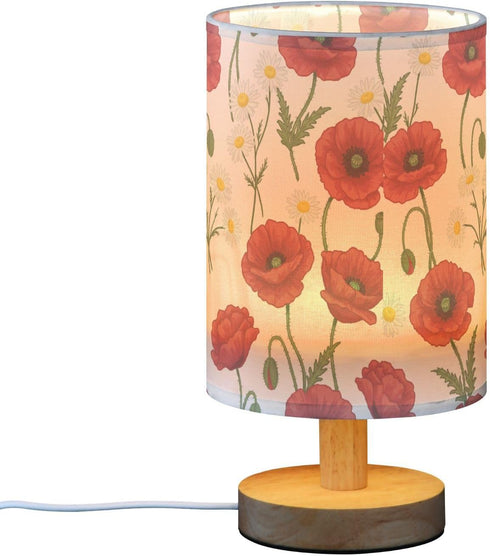 ALAZA Bedside Table Lamp for Bedroom Red Poppy Floral Nightstand LED Light Lamps with USB Port Linen Fabric Shade Table