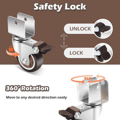 Nefish 2 Inch Caster Wheels with 3/4” U Bracket, Small Rubber Casters Set of 4 with Brake, 360 Degree Swivel