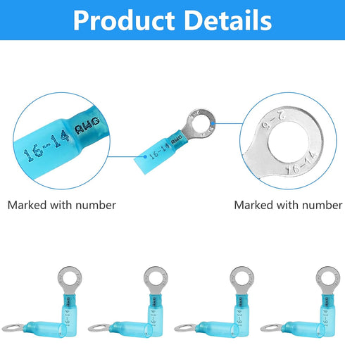 160 PCS Heat Shrink Ring Terminals, Insulated Blue Ring Terminals for 16-14 AWG Automotive Electrical