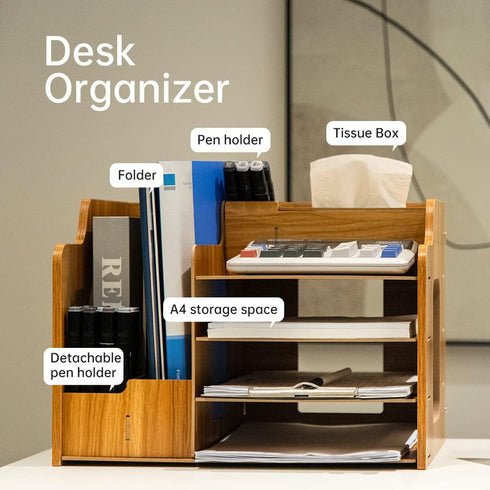 Wooden Desk Organizer - Multifunctional Home Office Art Supplies Organizer, Easy to Assemble (Light MDF Panel)