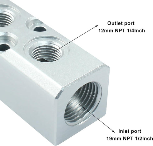 2 Way Pneumatic Manifold Air Distribution Block, G1/2 Supply Port, G1/4-Inch Output Port