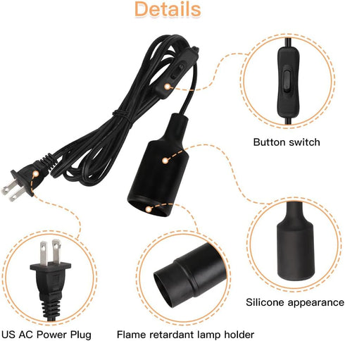 Zevnico 15 E26 E27 Bulb FT Hanging Light Socket with Cord, Black Extension Cord with ON Off Switch Plug, Light Socket