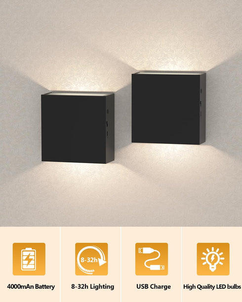 MICEYLIVE Set 3000K-7000K Set 2 Wall Sconces of Two - Wireless Wall Light, Rechargeable Wall Sconce Battery Operated