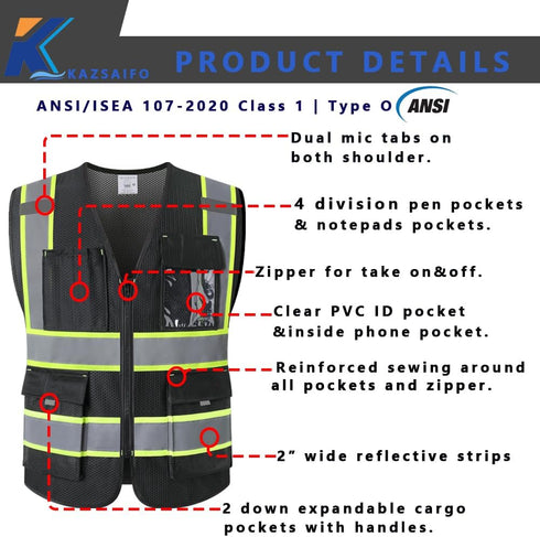 High Visibility Safety Vest for Men Women, 9 Pockets Zipper Front Reflective Mesh Work Vest, Meets ANSI/ISEA Standards