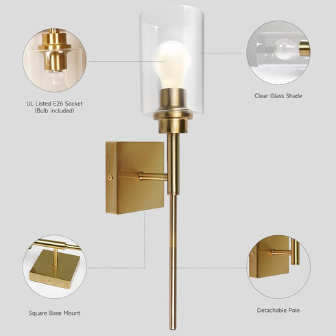 E26 CRI90 Bulb AUGE LIGHT Gold Wall Light, Brushed Bathroom Vanity Light with Clear Glass Shade, Bathroom Sconces