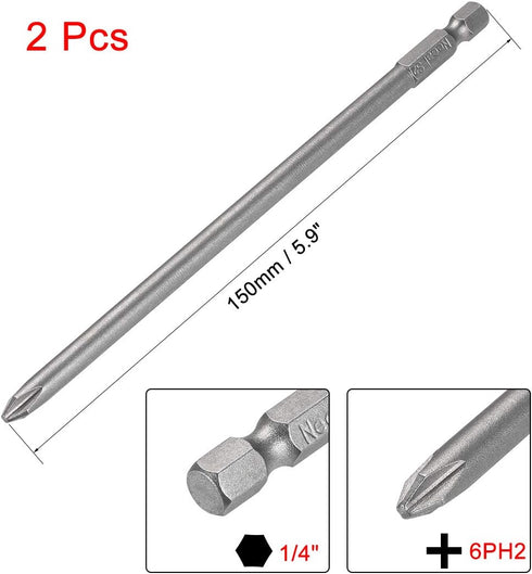 uxcell 2 Pcs 6mm PH2 Magnetic Phillips Screwdriver Bits, 1/4 Inch Hex Shank, 5.9-inch Length S2 Power Tool