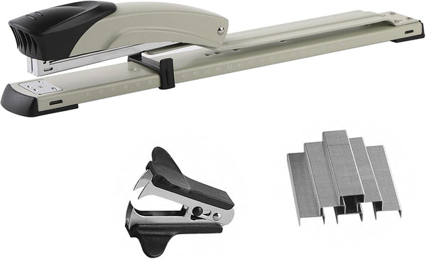 Long Reach Stapler with 2000 Staples & Remover, Full Strip, 20-25 Sheet Capacity, Gray, Built-in Ruler